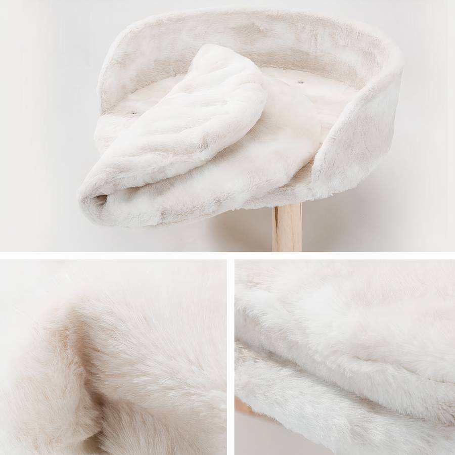 Round White Dog Bed with Wooden Legs Plush Pet Sofa