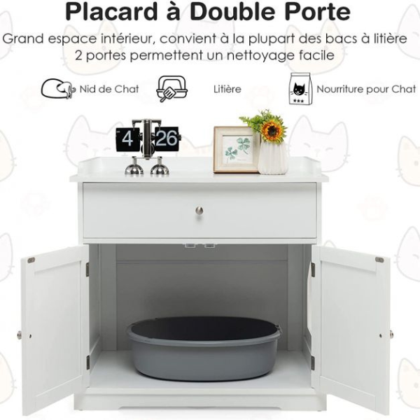 Hidden Litter Box Cabinet for Cats with Drawer and 2 Doors Cat Furniture Enclosure