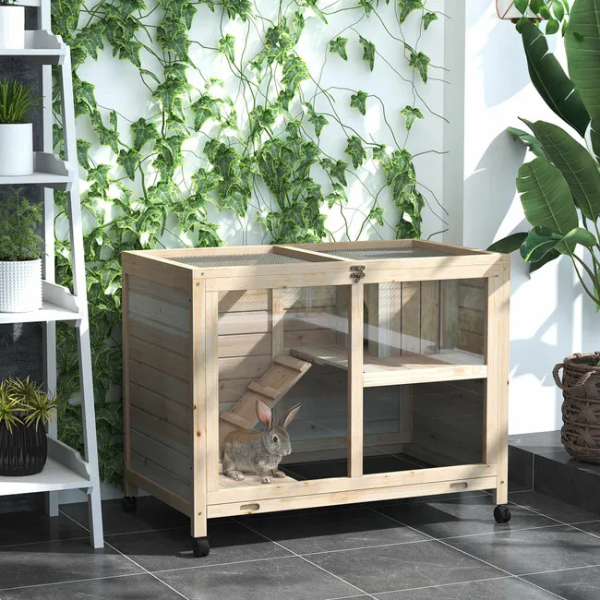 2-Level Rabbit Hutch on Wheels with Hideout and Removable Waste Tray