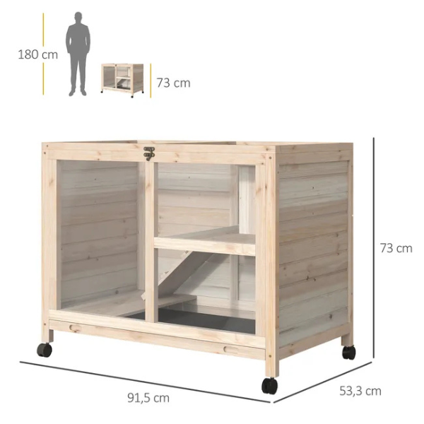 2-Level Rabbit Hutch on Wheels with Hideout and Removable Waste Tray