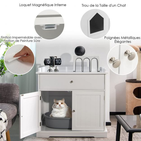 Hidden Litter Box Cabinet for Cats with Drawer and 2 Doors Cat Furniture Enclosure