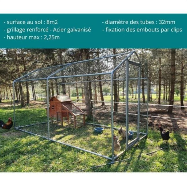 8m² Chicken Coop Run 32mm Tubes 7.4ft High - Reinforced Wire Mesh Pen 4x2m - Galvanized Steel