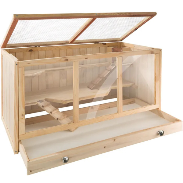 Wooden Small Animal Cage with Wire Mesh Roof and Opening Top