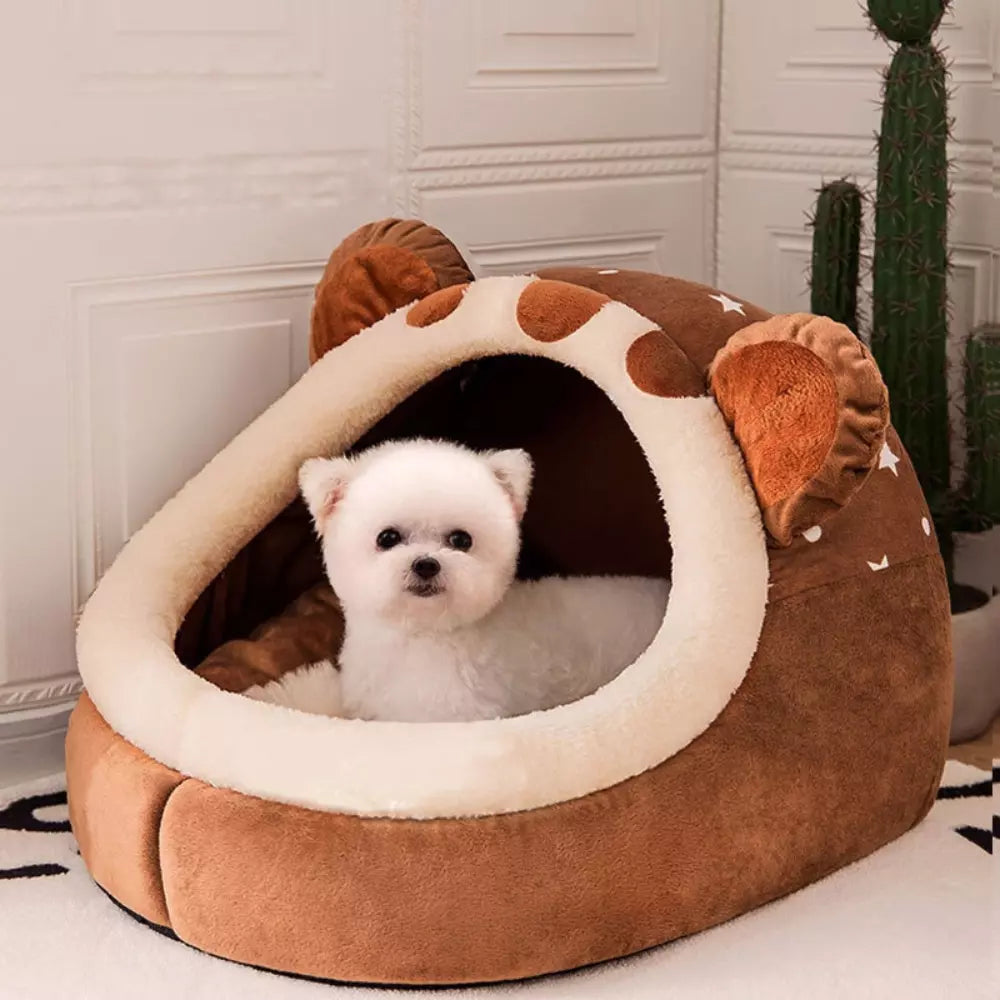 Bear Shaped Cat Bed Plush Soft Cozy Pet Sleeping Nest for Cats