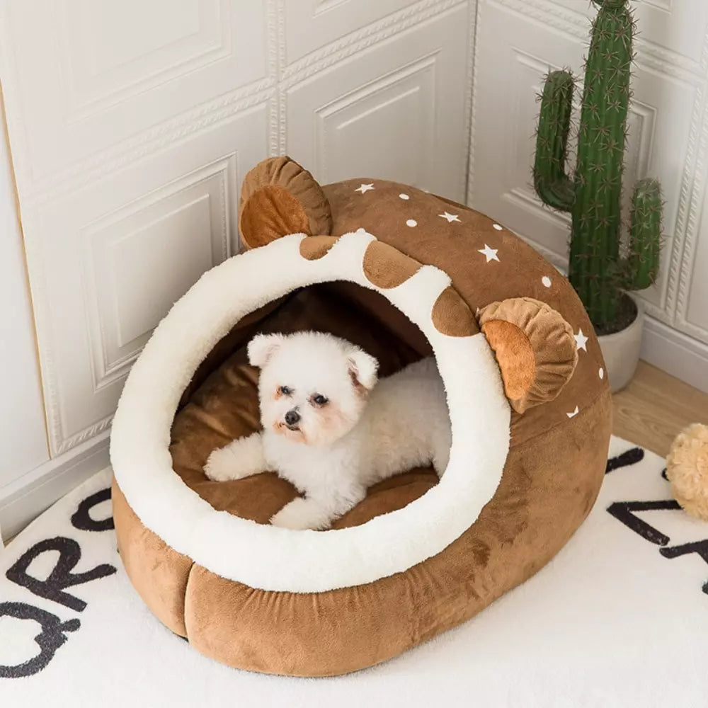 Bear Shaped Cat Bed Plush Soft Cozy Pet Sleeping Nest for Cats