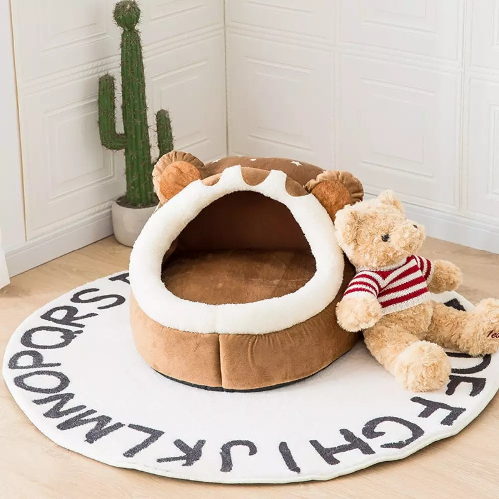 Bear Shaped Cat Bed Plush Soft Cozy Pet Sleeping Nest for Cats