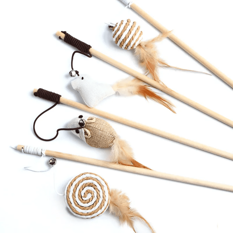 Wooden Cat Fishing Rod Toy Natural Interactive Cat Wand