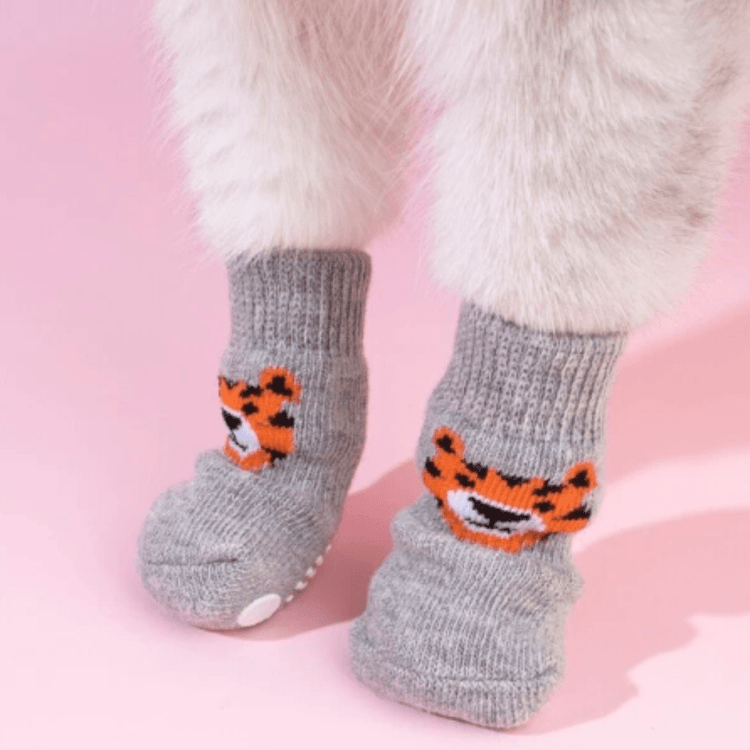 Dog Socks Gray Tiger Print Non Slip Pet Socks