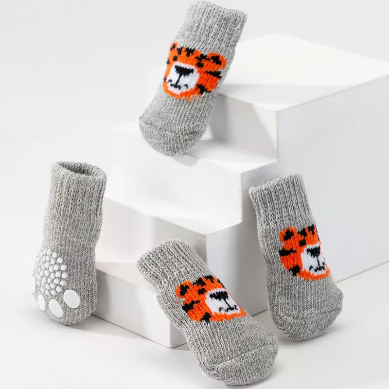 Dog Socks Gray Tiger Print Non Slip Pet Socks