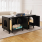 Wooden Litter Box Cabinet for 2 Cats with Black Rattan Decor Pet Furniture