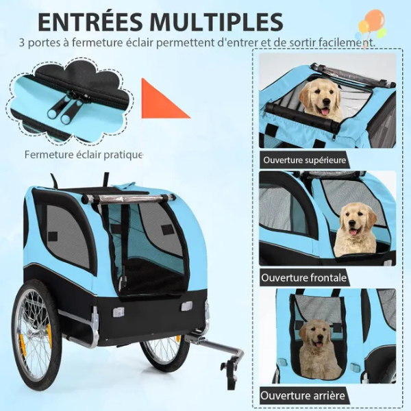 Foldable Dog Bike Trailer Pet Carrier Oxford Canvas Stroller with Flag 8 Reflectors Max Load 88 lbs