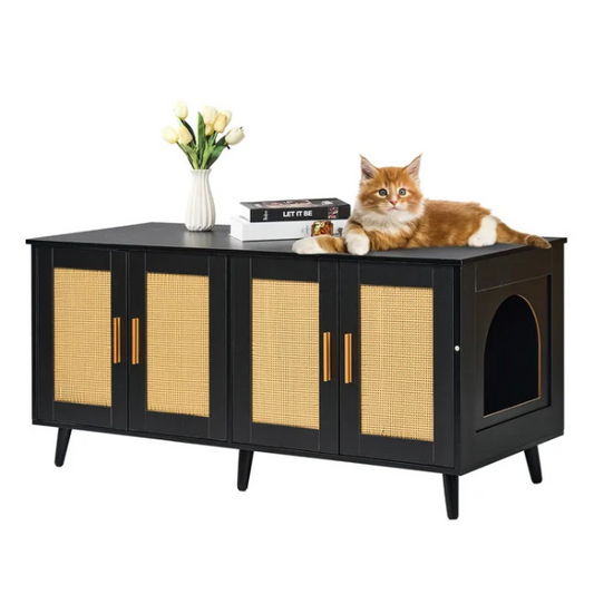 Wooden Litter Box Cabinet for 2 Cats with Black Rattan Decor Pet Furniture