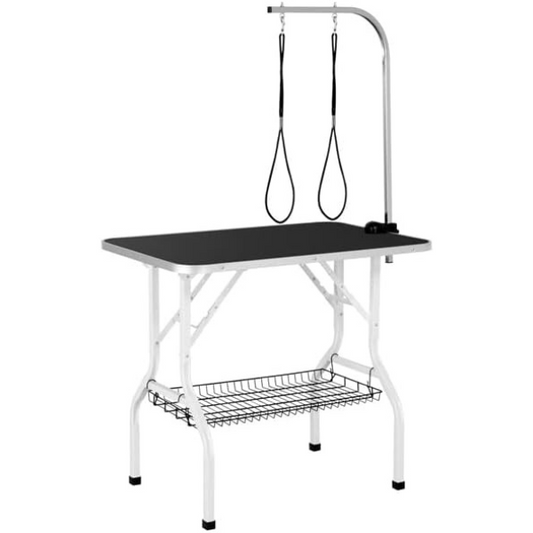 Folding Dog Grooming Table Adjustable Arm 2 Restraint Straps Storage Basket Large Non Slip Surface Supports Up To 220lbs