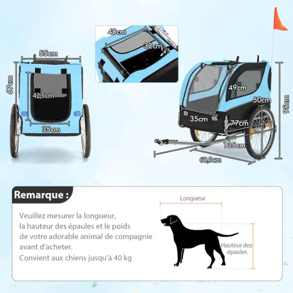Foldable Dog Bike Trailer Pet Carrier Oxford Canvas Stroller with Flag 8 Reflectors Max Load 88 lbs