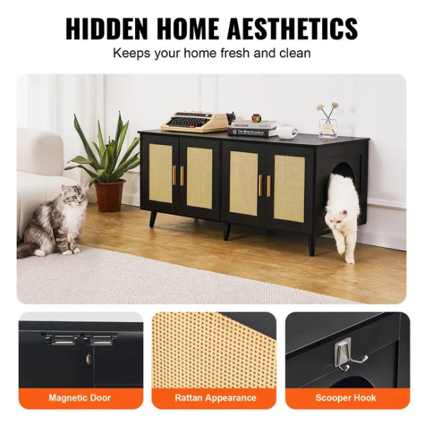 Wooden Litter Box Cabinet for 2 Cats with Black Rattan Decor Pet Furniture