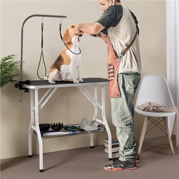 Folding Dog Grooming Table Adjustable Arm 2 Restraint Straps Storage Basket Large Non Slip Surface Supports Up To 220lbs