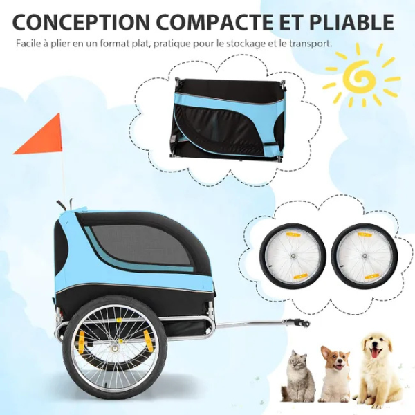 Foldable Dog Bike Trailer Pet Carrier Oxford Canvas Stroller with Flag 8 Reflectors Max Load 88 lbs