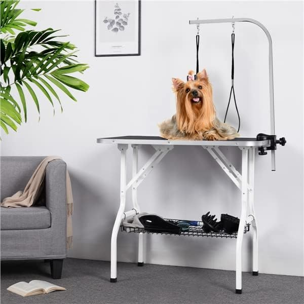Folding Dog Grooming Table Adjustable Arm 2 Restraint Straps Storage Basket Large Non Slip Surface Supports Up To 220lbs
