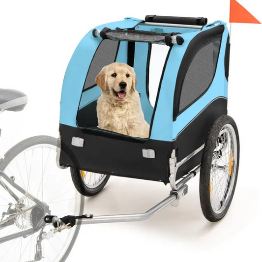 Foldable Dog Bike Trailer Pet Carrier Oxford Canvas Stroller with Flag 8 Reflectors Max Load 88 lbs