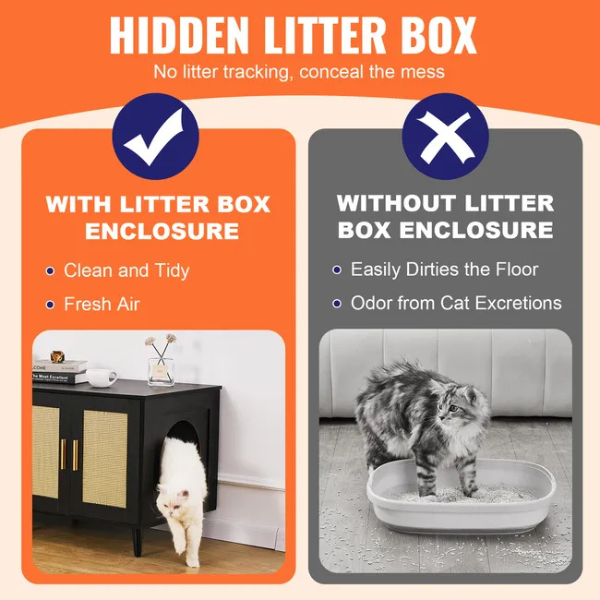 Wooden Litter Box Cabinet for 2 Cats with Black Rattan Decor Pet Furniture