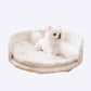 Round White Dog Bed with Wooden Legs Plush Pet Sofa
