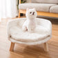 Round White Dog Bed with Wooden Legs Plush Pet Sofa